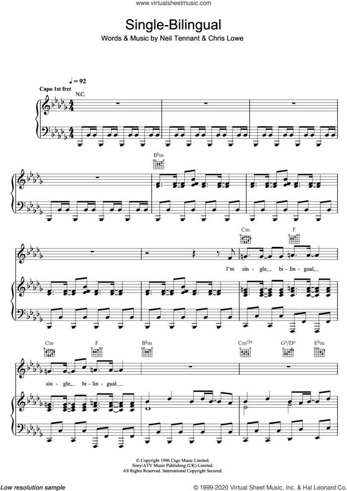 Single-Bilingual sheet music for voice, piano or guitar by Pet Shop Boys, Chris Lowe and Neil Tennant, intermediate skill level