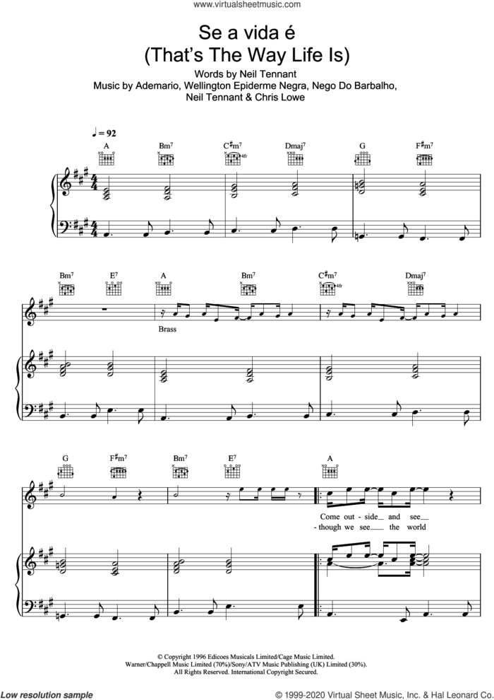 Se a vida e (That's The Way Life Is) sheet music for voice, piano or guitar by Pet Shop Boys, Ademario, Chris Lowe, Nego Do Barbalho, Neil Tennant and Wellington Epiderme Negra, intermediate skill level
