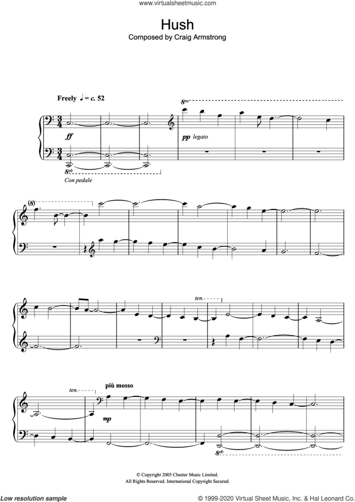 Hush sheet music for piano solo by Craig Armstrong, intermediate skill level