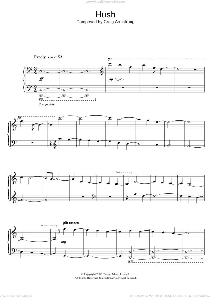 Hush sheet music for piano solo by Craig Armstrong, intermediate skill level