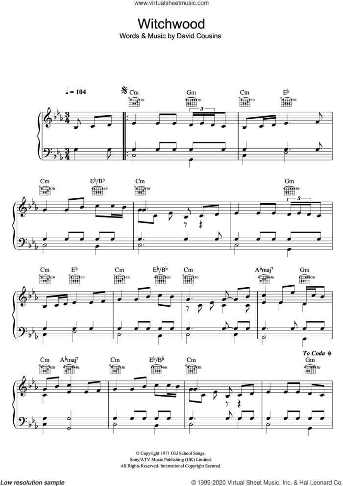 Witchwood sheet music for voice, piano or guitar by The Strawbs and David Cousins, intermediate skill level