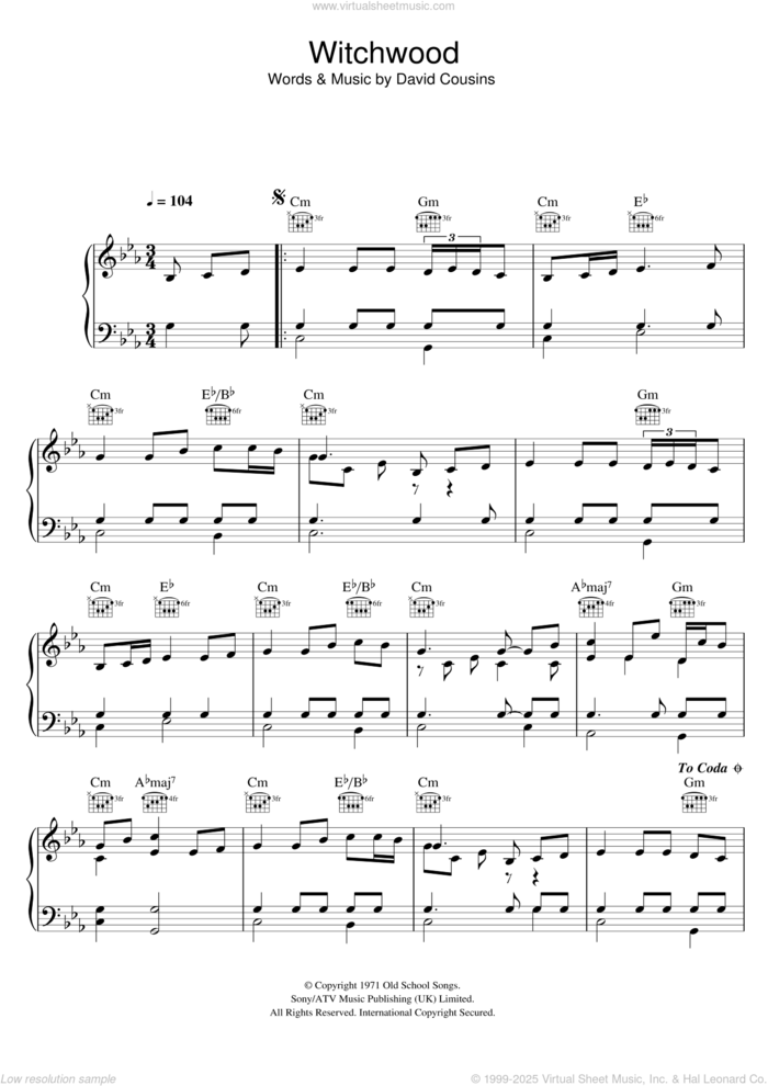 Witchwood sheet music for voice, piano or guitar by The Strawbs and David Cousins, intermediate skill level