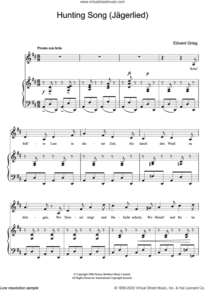 Hunting Song (Jagerlied) sheet music for voice and piano by Edvard Grieg, classical score, intermediate skill level