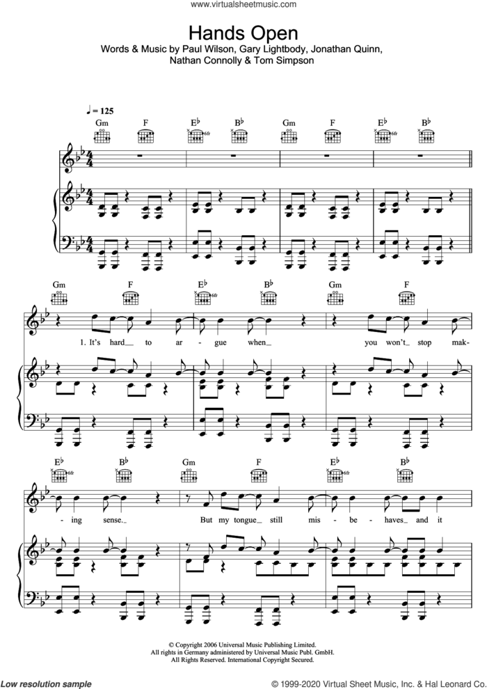 Hands Open sheet music for voice, piano or guitar by Snow Patrol, Gary Lightbody, Jonathan Quinn, Nathan Connolly, Paul Wilson and Tom Simpson, intermediate skill level