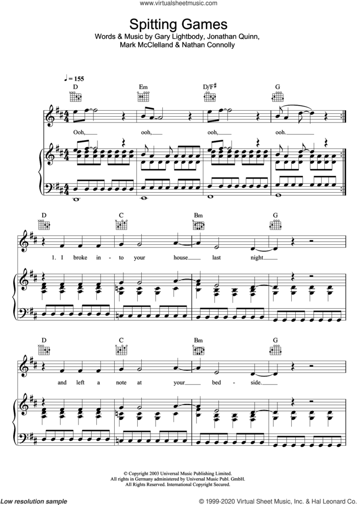 Spitting Games sheet music for voice, piano or guitar by Snow Patrol, Gary Lightbody, Jonathan Quinn, Mark McClelland and Nathan Connolly, intermediate skill level