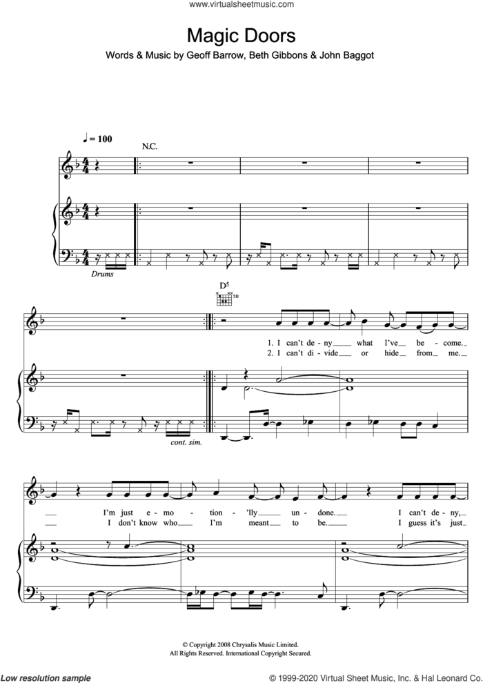 Magic Doors sheet music for voice, piano or guitar by Portishead, Beth Gibbons, Geoff Barrow and John Baggot, intermediate skill level