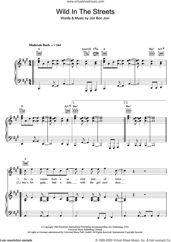 Wild In The Streets sheet music for voice, piano or guitar by Bon Jovi, intermediate skill level
