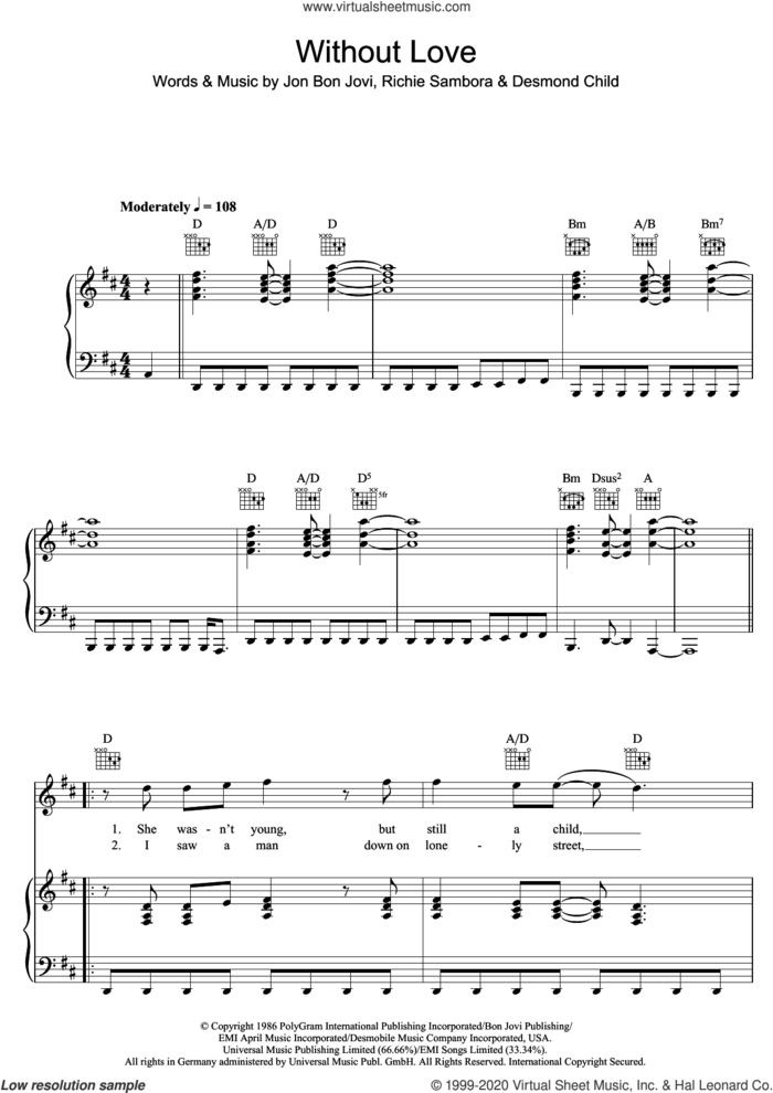 Without Love sheet music for voice, piano or guitar by Bon Jovi, Desmond Child and Richie Sambora, intermediate skill level