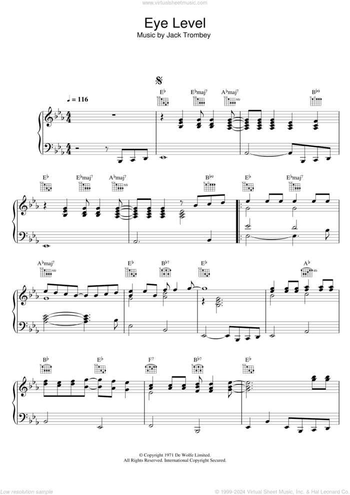 Eye Level (theme from Van Der Valk) sheet music for piano solo by Jack Trombey and Simon Park Orchestra, intermediate skill level