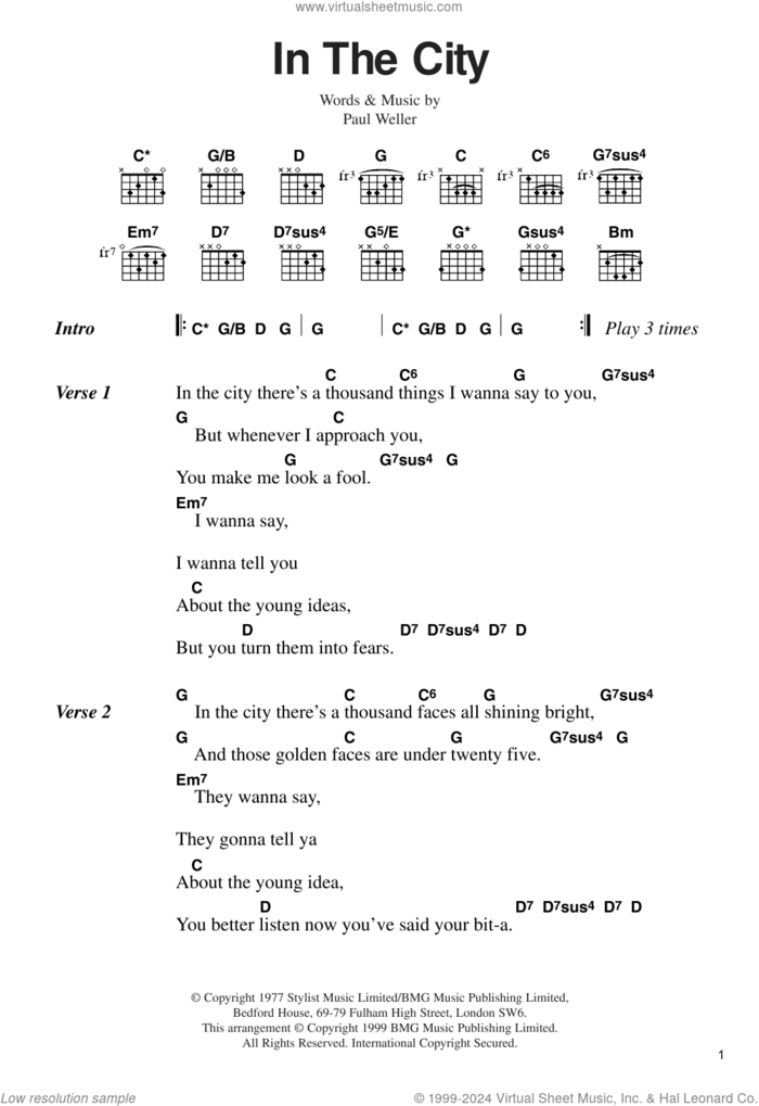 In The City sheet music for guitar (chords) by The Jam and Paul Weller, intermediate skill level