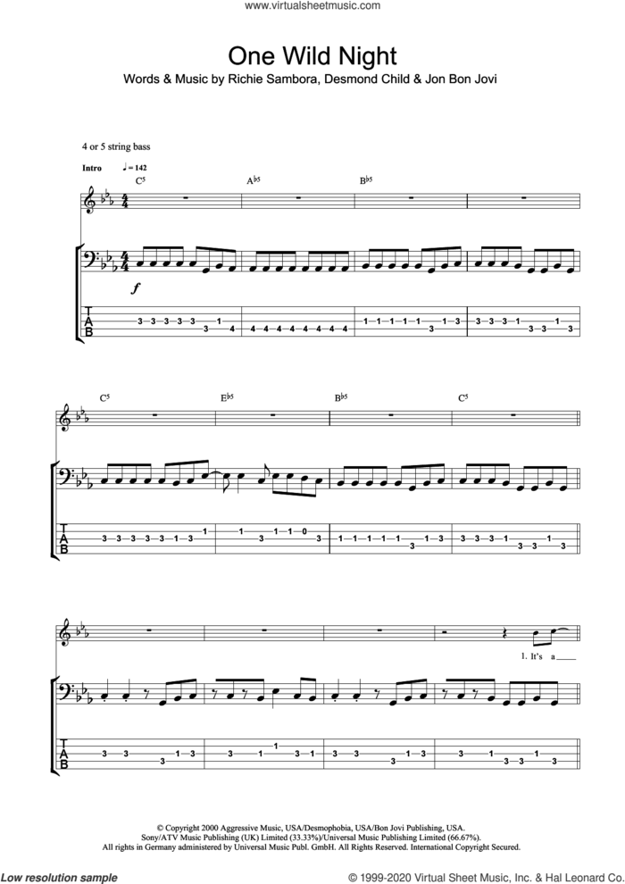 One Wild Night sheet music for bass (tablature) (bass guitar) by Bon Jovi, Desmond Child and Richie Sambora, intermediate skill level