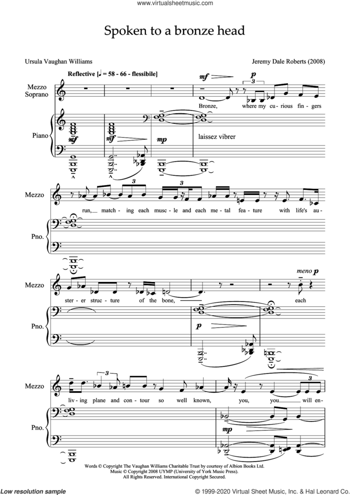 Spoken to a Bronze Head (for mezzo-soprano and piano) sheet music for voice and piano by Jeremy Dale Roberts and Ursula Vaughan Williams, classical score, intermediate skill level