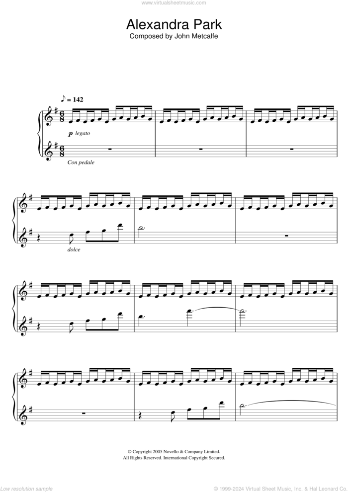 Alexandra Park sheet music for piano solo by John Metcalfe, classical score, intermediate skill level