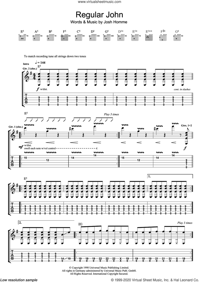 Regular John sheet music for guitar (tablature) by Queens Of The Stone Age and Josh Homme, intermediate skill level