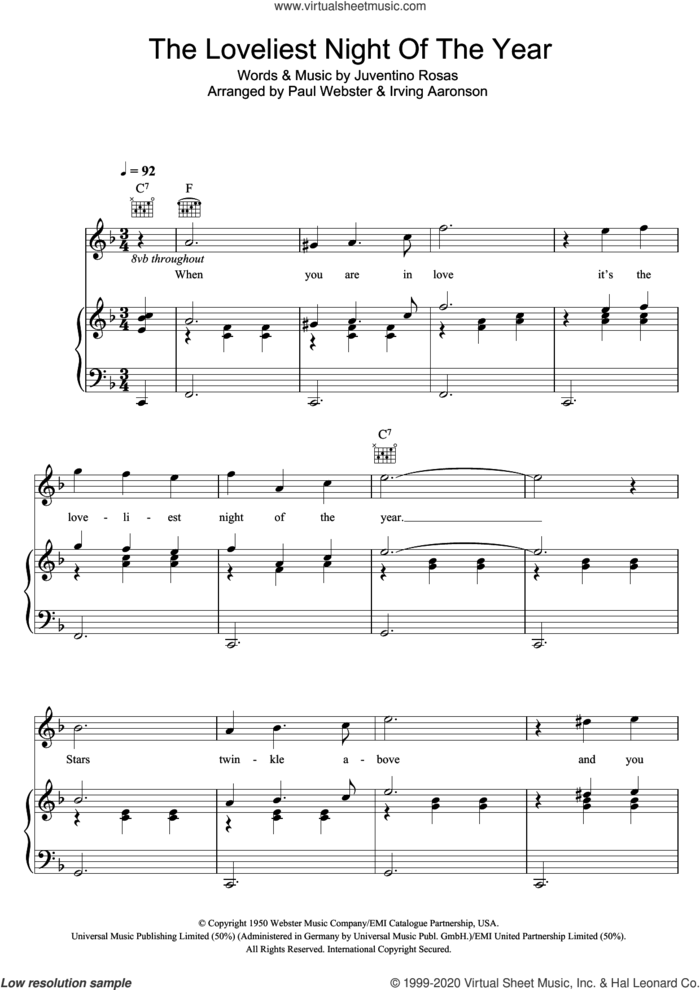 The Loveliest Night Of The Year sheet music for voice, piano or guitar by Vera Lynn and Juventino Rosas, intermediate skill level