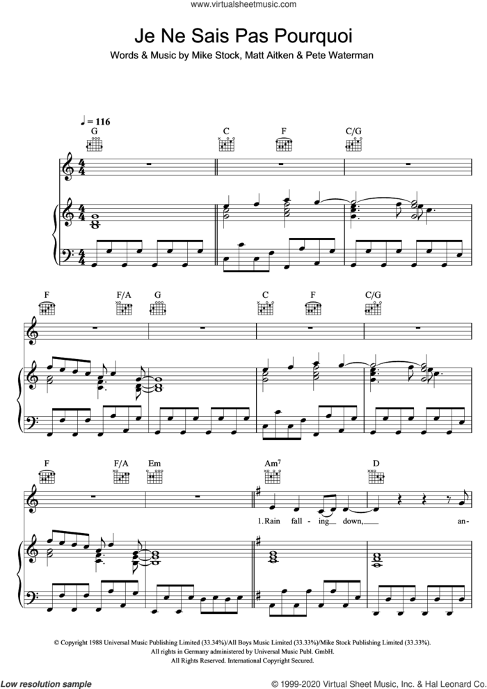 Je Ne Sais Pas Pourquoi sheet music for voice, piano or guitar by Kylie Minogue, Matt Aitken, Mike Stock and Pete Waterman, intermediate skill level