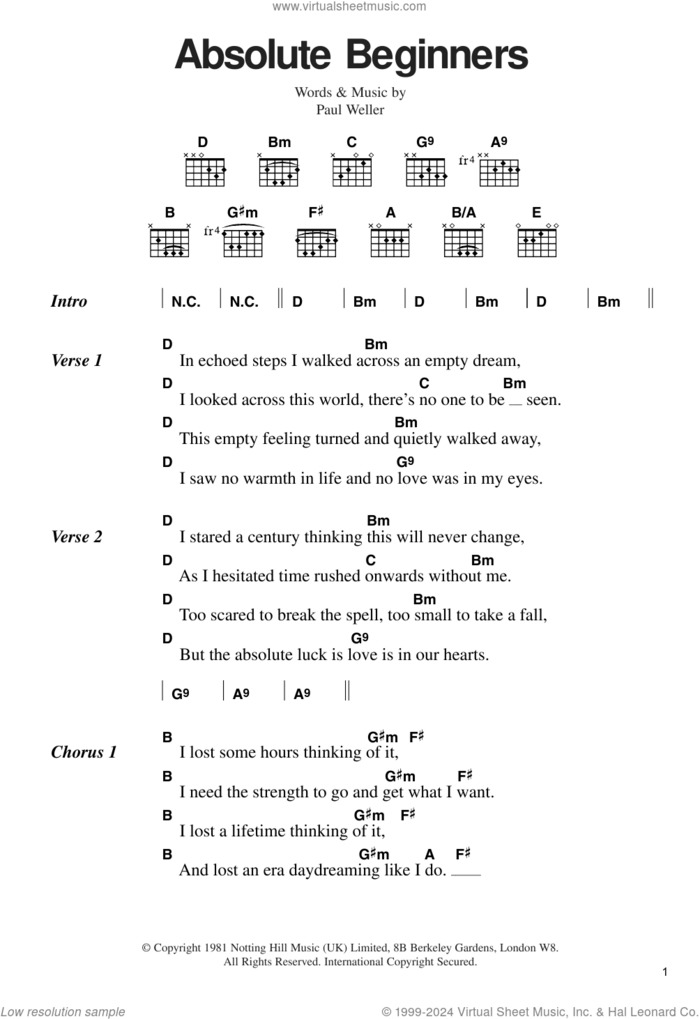 Absolute Beginners sheet music for guitar (chords) by The Jam and Paul Weller, intermediate skill level