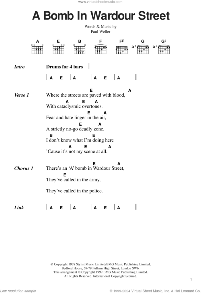 A Bomb In Wardour Street sheet music for guitar (chords) by The Jam and Paul Weller, intermediate skill level