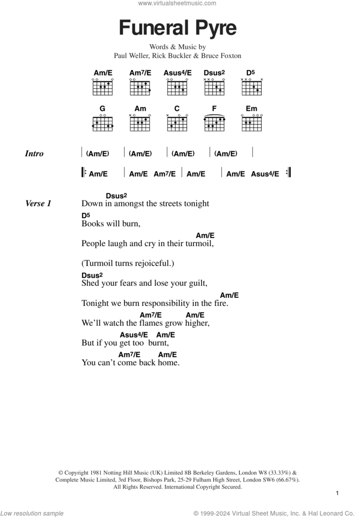 Funeral Pyre sheet music for guitar (chords) by The Jam, Bruce Foxton, Paul Weller and Rick Buckler, intermediate skill level