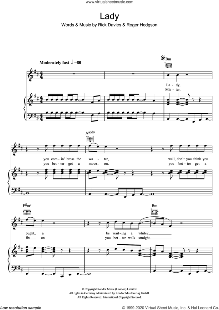 Lady sheet music for voice, piano or guitar by Supertramp, Rick Davies and Roger Hodgson, intermediate skill level