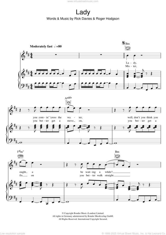 Lady sheet music for voice, piano or guitar by Supertramp, Rick Davies and Roger Hodgson, intermediate skill level