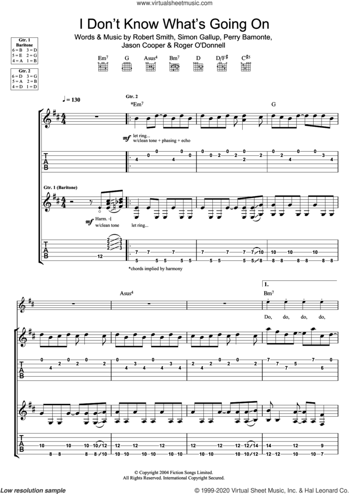 I Don't Know What's Going On sheet music for guitar (tablature) by The Cure, Jason Cooper, Perry Bamonte, Robert Smith and Simon Gallup, intermediate skill level
