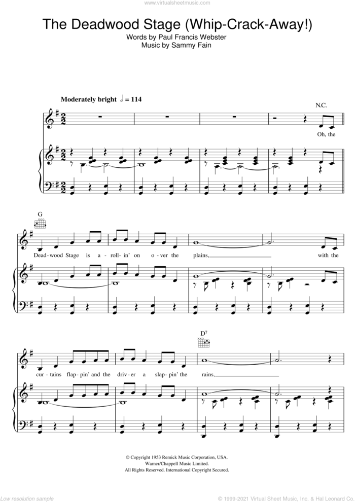 The Deadwood Stage (Whip-Crack-Away) sheet music for voice, piano or guitar by Doris Day, Paul Francis Webster and Sammy Fain, intermediate skill level