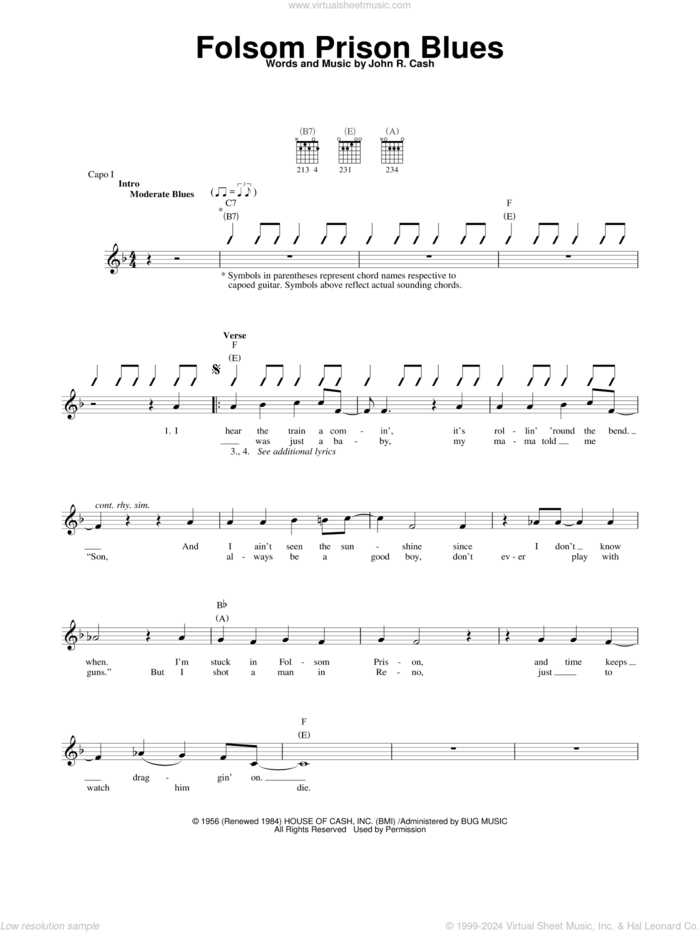 Folsom Prison Blues sheet music for guitar solo (chords) by Johnny Cash, easy guitar (chords)