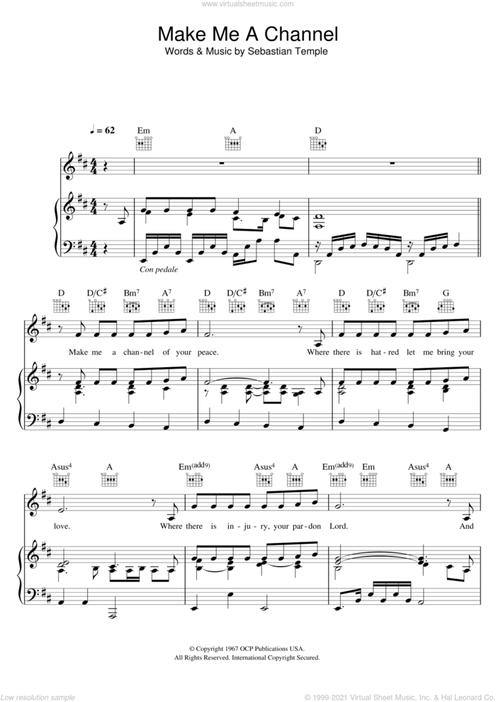 Make Me A Channel Of Your Peace (Prayer Of St.Francis) sheet music for voice, piano or guitar by Sebastian Temple, intermediate skill level