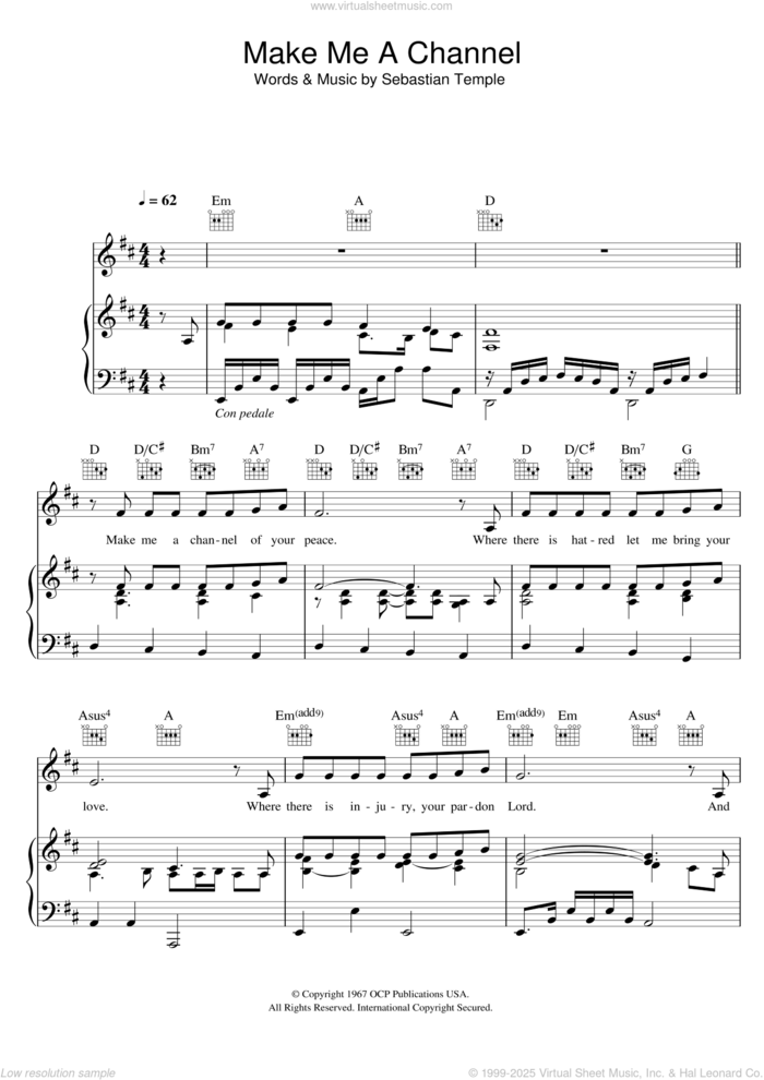 Make Me A Channel Of Your Peace (Prayer Of St.Francis) sheet music for voice, piano or guitar by Sebastian Temple, intermediate skill level