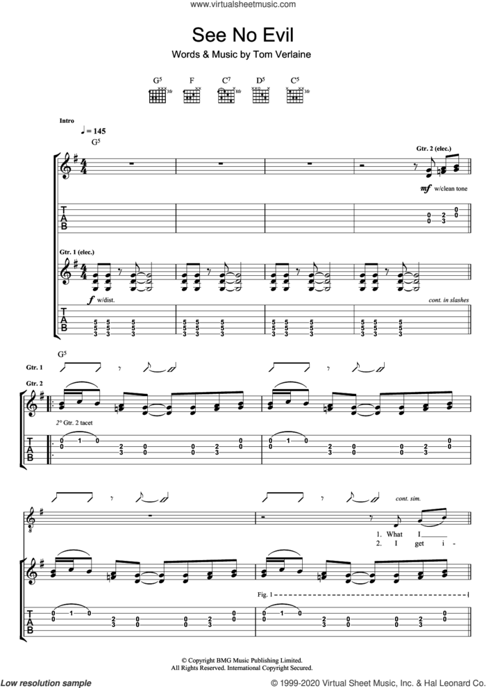 See No Evil sheet music for guitar (tablature) by Television and Tom Verlaine, intermediate skill level