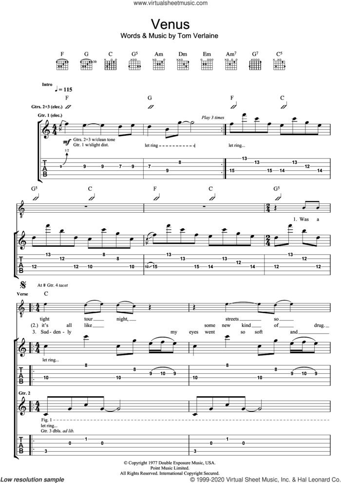 Venus sheet music for guitar (tablature) by Television and Tom Verlaine, intermediate skill level