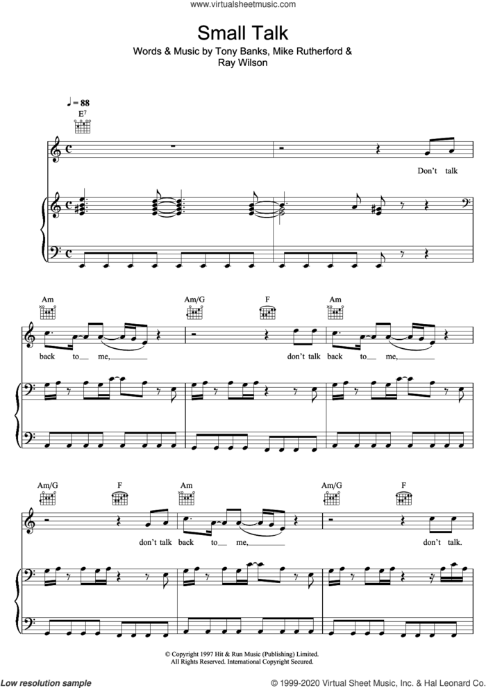 Small Talk sheet music for voice, piano or guitar by Genesis, Mike Rutherford, Ray Wilson and Tony Banks, intermediate skill level