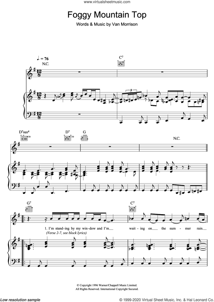 Foggy Mountain Top sheet music for voice, piano or guitar by Van Morrison, intermediate skill level