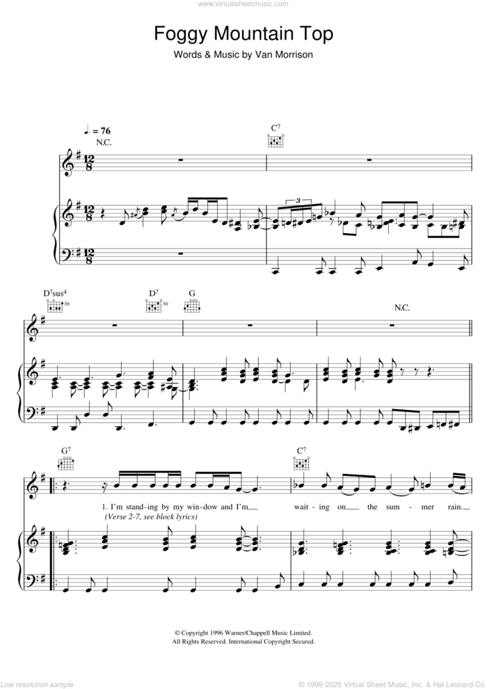 Foggy Mountain Top sheet music for voice, piano or guitar by Van Morrison, intermediate skill level