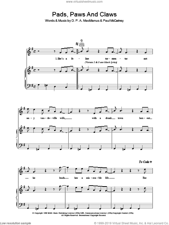 Pads, Paws And Claws sheet music for voice, piano or guitar by Elvis Costello, Declan Macmanus and Paul McCartney, intermediate skill level