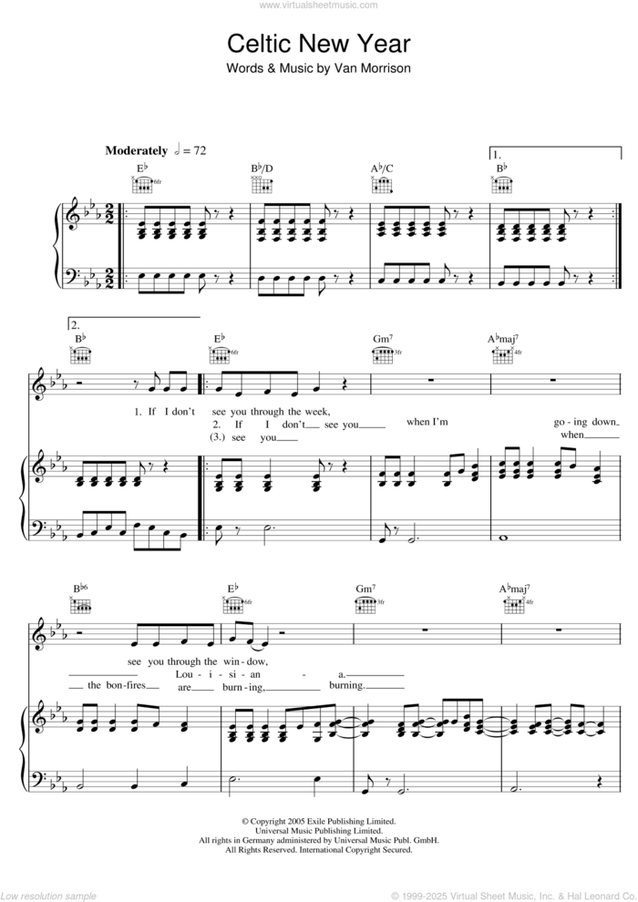 Celtic New Year sheet music for voice, piano or guitar by Van Morrison, intermediate skill level