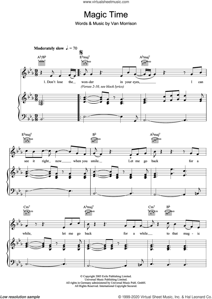 Magic Time sheet music for voice, piano or guitar by Van Morrison, intermediate skill level