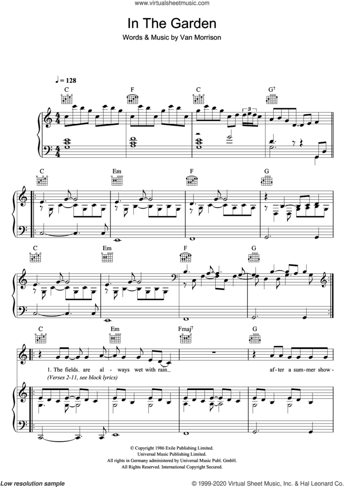 In The Garden sheet music for voice, piano or guitar by Van Morrison, intermediate skill level