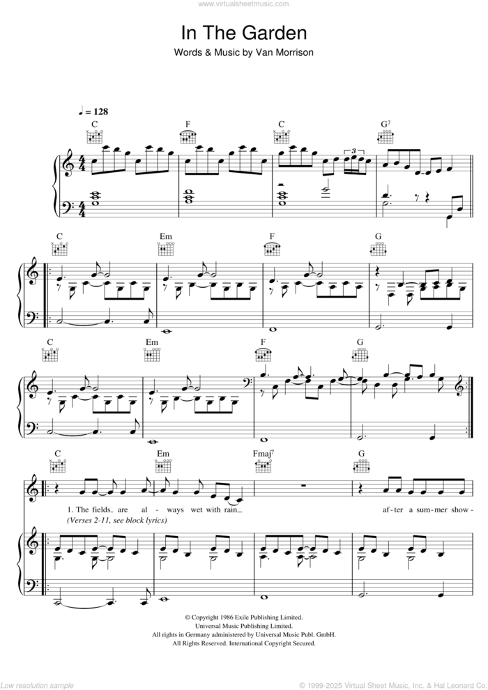 In The Garden sheet music for voice, piano or guitar by Van Morrison, intermediate skill level