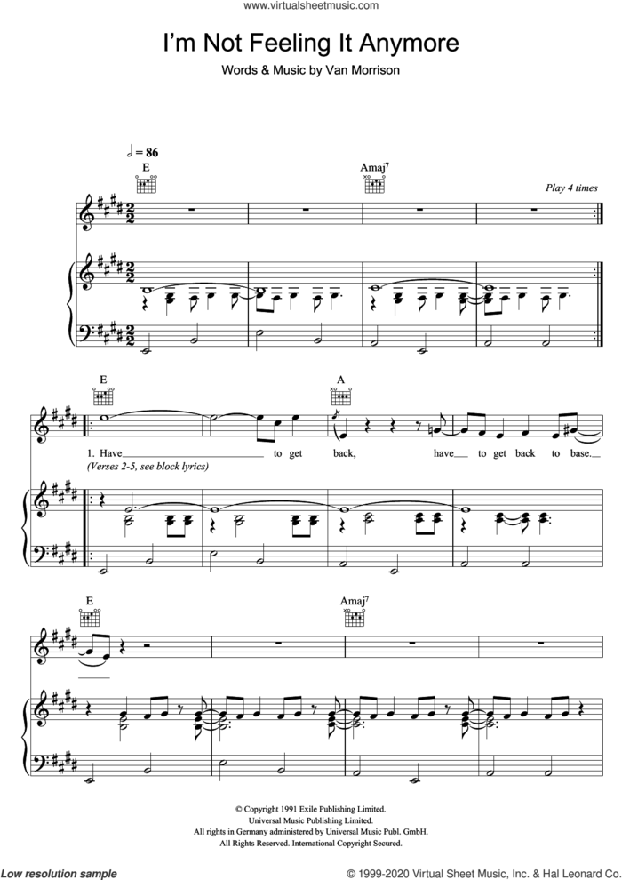 I'm Not Feeling It Anymore sheet music for voice, piano or guitar by Van Morrison, intermediate skill level