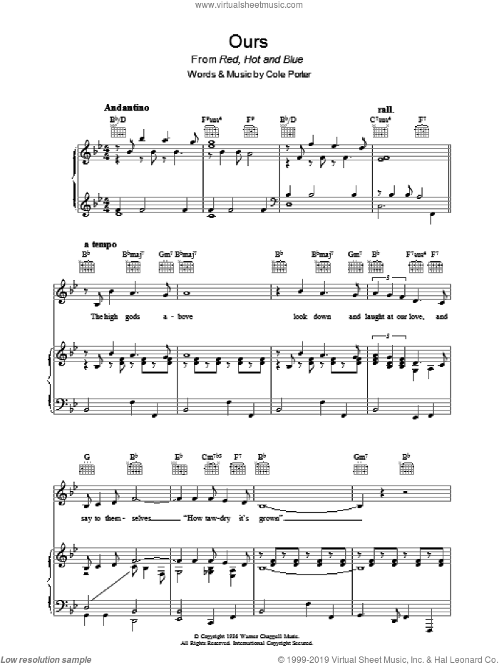 Ours sheet music for voice, piano or guitar by Cole Porter, intermediate skill level