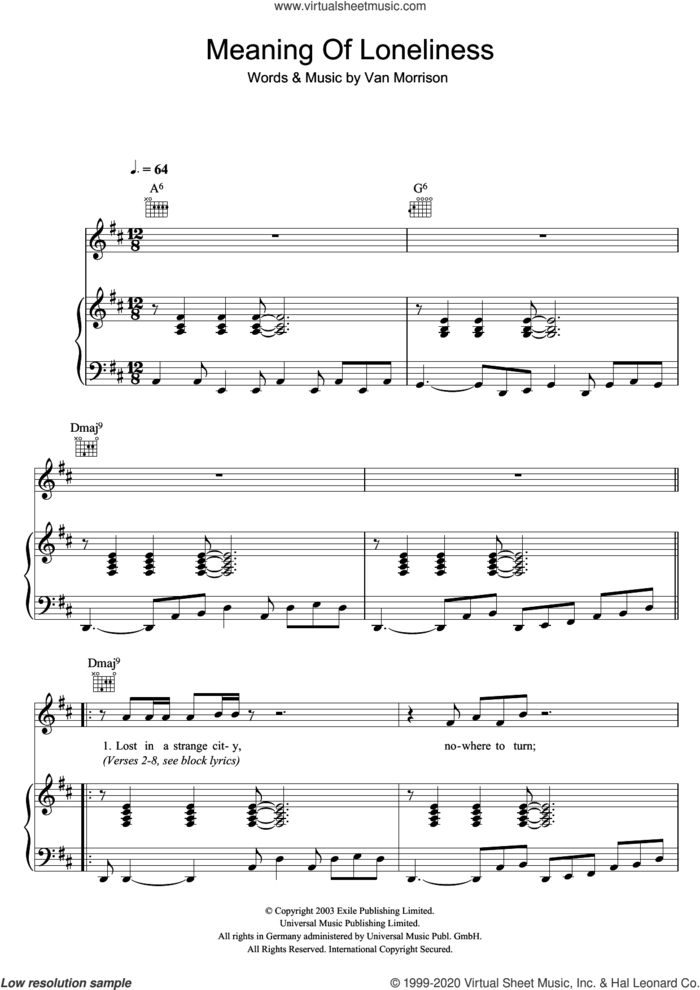 Meaning Of Loneliness sheet music for voice, piano or guitar by Van Morrison, intermediate skill level