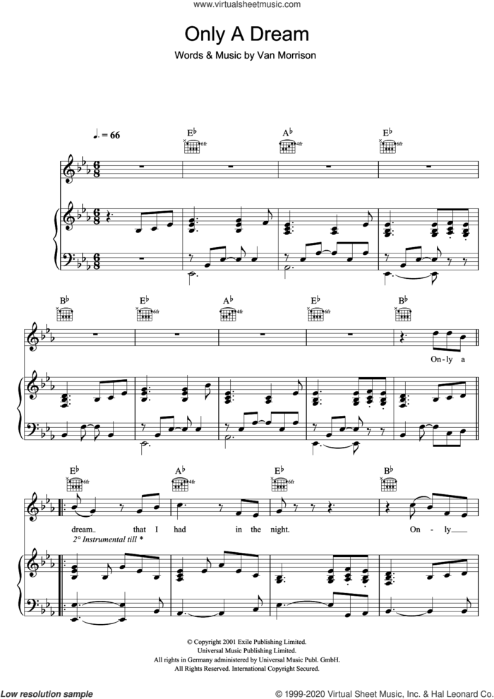 Only A Dream sheet music for voice, piano or guitar by Van Morrison, intermediate skill level