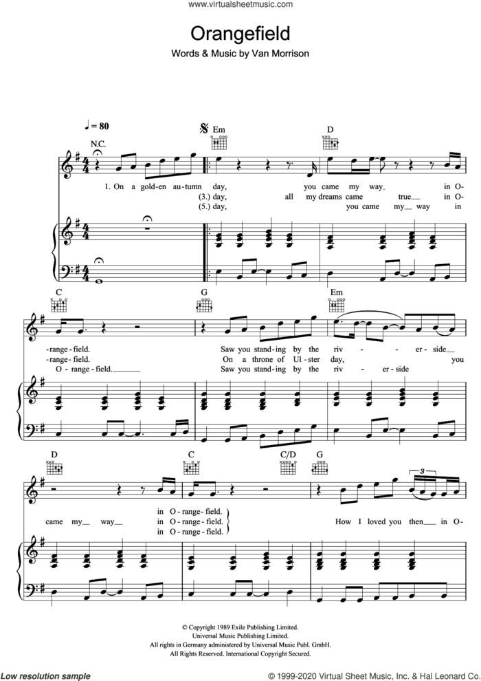 Orangefield sheet music for voice, piano or guitar by Van Morrison, intermediate skill level