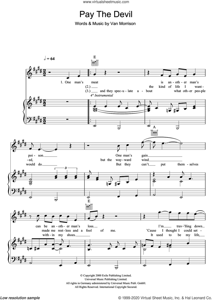 Pay The Devil sheet music for voice, piano or guitar by Van Morrison, intermediate skill level