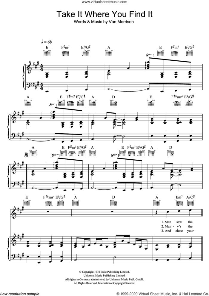 Take It Where You Find It sheet music for voice, piano or guitar by Van Morrison, intermediate skill level