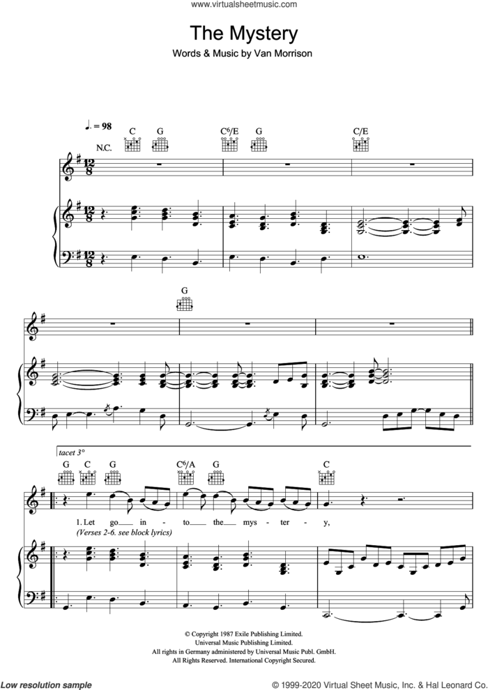 The Mystery sheet music for voice, piano or guitar by Van Morrison, intermediate skill level