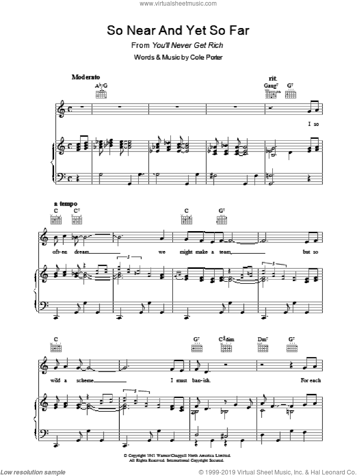 So Near And Yet So Far sheet music for voice, piano or guitar by Cole Porter, intermediate skill level