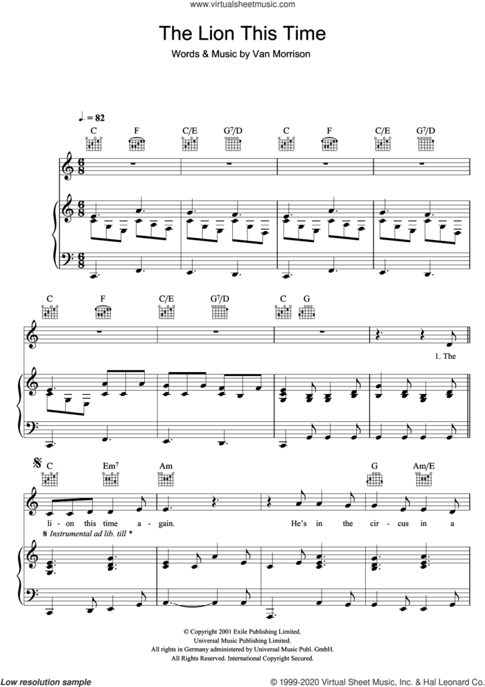 The Lion This Time sheet music for voice, piano or guitar by Van Morrison, intermediate skill level